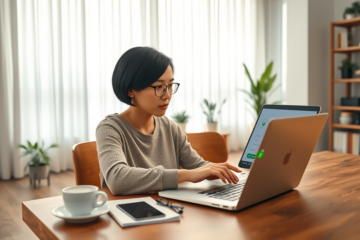 Femme concentrée dans un bureau moderne vérifiant un service de paiement sécurisé sur son ordinateur avant de repayer