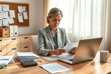 Femme organisant rapidement ses preuves de revenu dans un bureau moderne lumineux pour TD Canada Trust finances