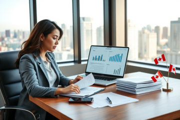 Jeune femme concentrée dans un bureau financier canadien, vérifiant l’historique de prêt avant de comparer les taux
