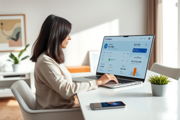 Femme dans un bureau lumineux utilisant un ordinateur portable pour consulter rapidement le solde d’un prêt en ligne avec une interface bancaire claire
