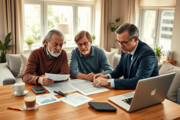 Couple attentive à leur contrat de prêt hypothécaire avec un conseiller financier dans un salon moderne éclairé naturellement