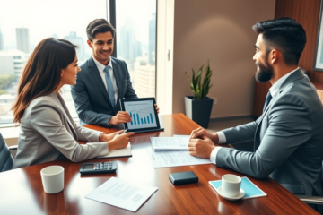 Couple en rencontre professionnelle dans un bureau bancaire moderne pour bien préparer leur crédit personnel à la Banque Nationale