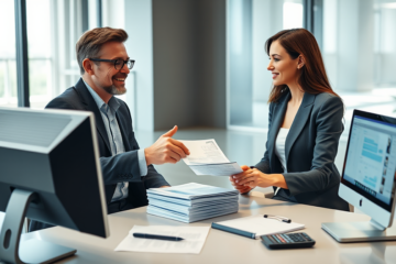 Client et conseillère bancaire dans un bureau moderne discutant de la documentation requise pour un prêt bancaire National