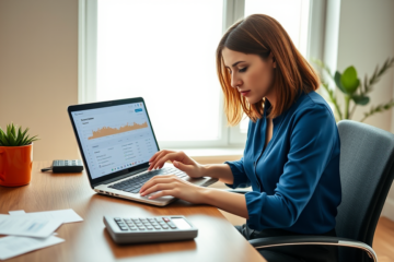 Femme concentrée dans un bureau moderne examinant le paiement minimum d'une ligne de crédit Tangerine sur son ordinateur portable