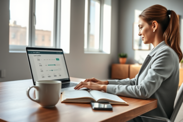 Jeune femme concentrée utilisant un calculateur de prêt mensuel sur un ordinateur portable dans un bureau moderne lumineux