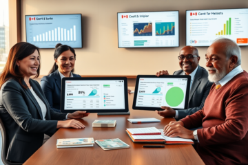 Trois clients consultent une conseillère bancaire canadienne pour comparer diverses options de crédit avantageuses dans une agence moderne.