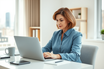 Personne professionnelle dans un bureau lumineux ajustant la date de paiement d’un prêt RBC via une interface en ligne simple