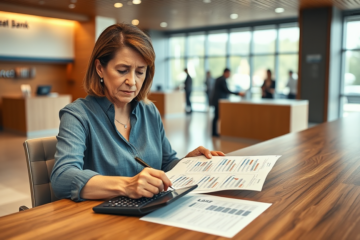 Femme examinant attentivement un prêt avec taux variable dans une banque moderne avant de signer un contrat de crédit