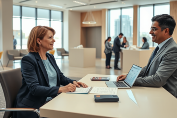Consultation dans une succursale bancaire canadienne moderne avec un conseiller expliquant une offre de prêt à une cliente attentive