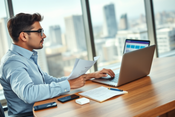 Homme en chemise bleue consultant un rapport de crédit gratuit sur son ordinateur dans un bureau lumineux avant de demander un prêt