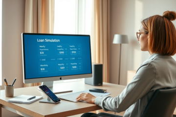 Jeune femme concentrée testant différentes fréquences de paiement d'un prêt à l'ordinateur dans un bureau moderne lumineux