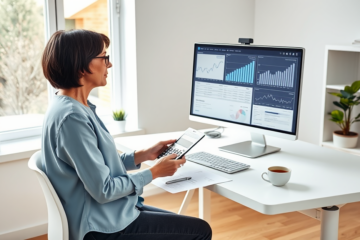 Femme concentrée dans un bureau moderne évaluant un paiement supplémentaire de crédit avec graphiques financiers sur un écran lumineux