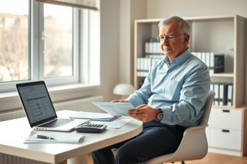 Personne concentrée qui vérifie des documents financiers pour le remboursement du solde de crédit dans un bureau lumineux