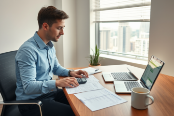 Personne assise à un bureau en train de présenter ses revenus et dépenses pour une demande de crédit au Canada dans un bureau bien éclairé.