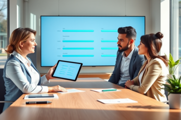 Conseiller bancaire professionnel explique des options de contrats de prêt à un jeune couple dans un bureau moderne lumineux