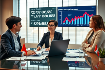 Conseillère financière canadienne expliquant le lien entre le taux de crédit et le taux préférentiel à un jeune couple dans un bureau moderne