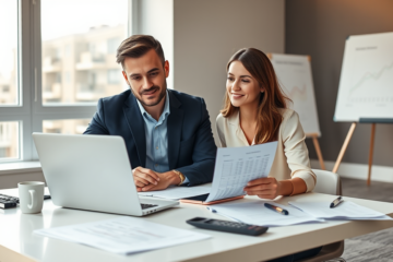 Couple en réunion dans un bureau moderne comparant des prêts hypothécaires pour réduire les risques et payer moins