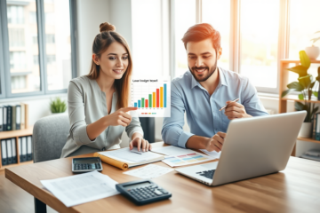 Couple moderne évaluant l’impact des petits prêts sur leur budget dans un bureau lumineux et organisé avec documents et ordinateur