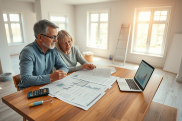 Couple évaluant un crédit personnel pour rénovation maison dans un salon lumineux en cours de travaux, avec plans et calculatrice sur table