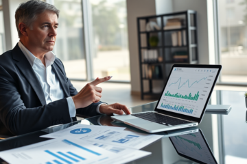 Professionnel financier dans un bureau moderne analysant l’évolution du solde d’une ligne de crédit dette sur un ordinateur portable