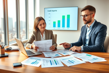 Une conseillère financière et un client examinent des rapports et graphiques sur les limites de crédit approuvées dans un bureau moderne lumineux.