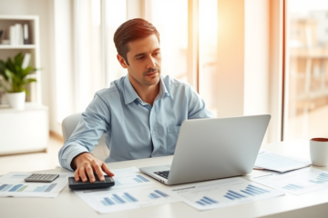 Homme d'affaires concentré en bureau lumineux comparant chiffres de prêt consolidation de dettes sur laptop et documents