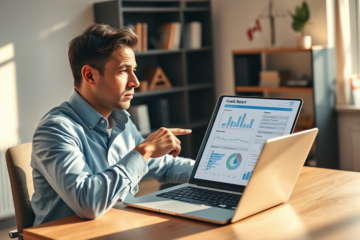 Homme canadien dans un bureau moderne analysant attentivement un rapport de crédit sur son ordinateur portable