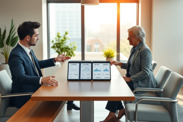 Conseillers bancaires discutant avec un couple de clients dans un bureau moderne sur choisir entre taux fixe ou variable du prêt Scotia Plan