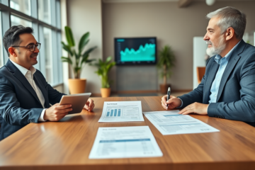 Deux personnes discutant dans une banque canadienne moderne sur le coût du prêt personnel comparé au prêt sur salaire dans un cadre professionnel lumineux