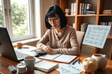 Femme concentrée planifiant des paiements supplémentaires de crédit personnel dans un bureau à domicile chaleureux et bien éclairé