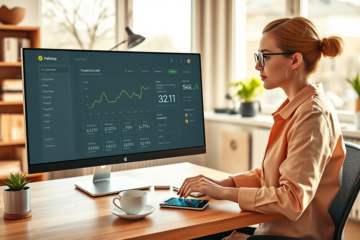 Femme concentrée dans un bureau moderne avec un écran d'ordinateur affichant la limite disponible et le solde débiteur dans un cadre financier lumineux et organisé
