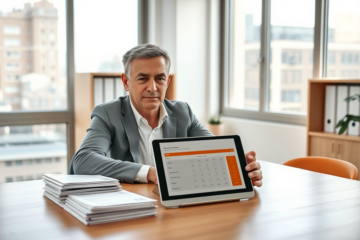 Personne concentrée dans un bureau moderne évaluant soigneusement une ligne de crédit Tangerine pour regrouper des dettes.