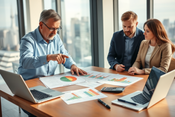 Consultation professionnelle au Canada sur l'analyse de prêt avec graphique de revenu et dettes dans un bureau moderne lumineux